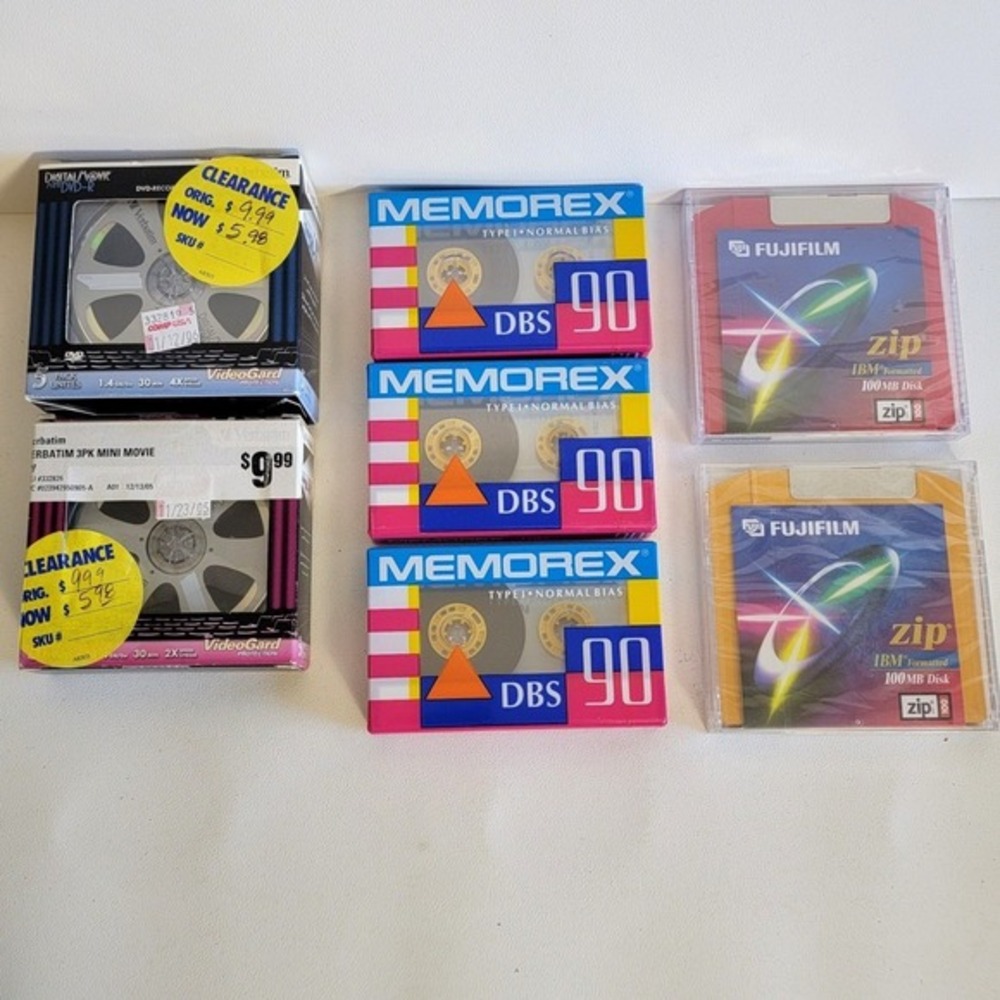 Vintage Media Lot Verbatim Mini DVD Memorex Cassette 90 Fujifilm Zip Disk 100MB